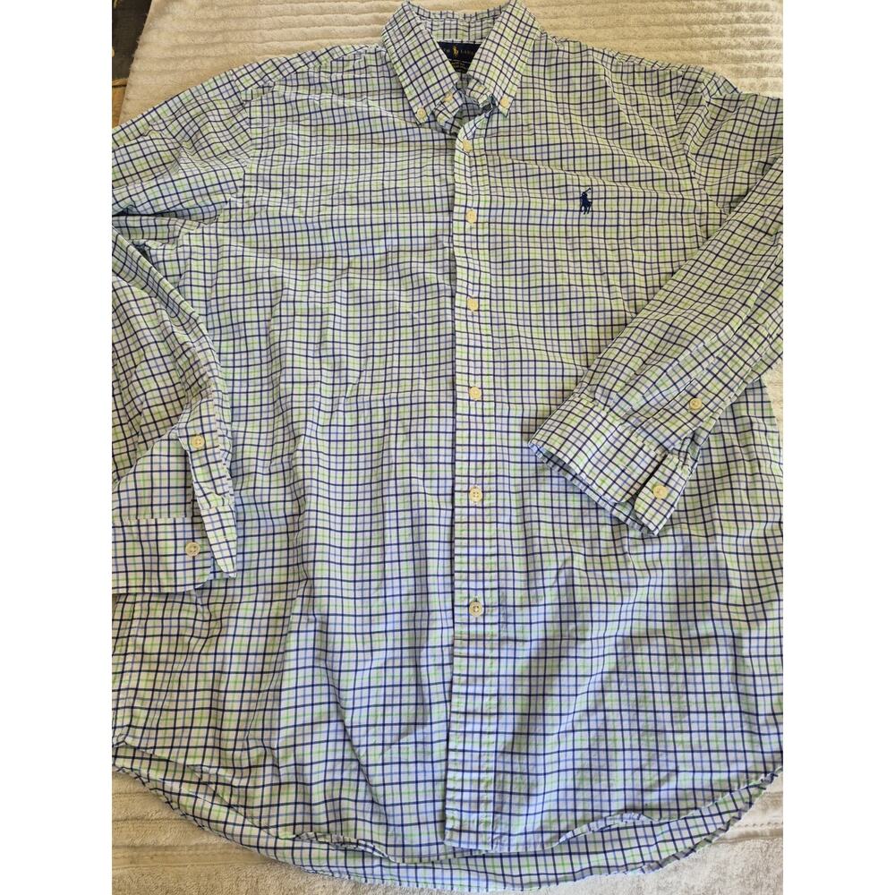 Ralph Lauren Men's Green White Blue Gingham Check Button Down Shirt LRG Pony